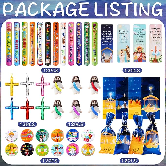 Vanblue 72pcs Christian Party Favors Religious Easter Gifts for Kids Bulk,Easter Basket Stuffers Jesus Gifts Sunday School Classroom Reward Prize Fillers with Bookmarks,Jesus Loves you gifts for kids