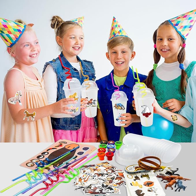 122 Pcs Horse Party Favors, Farmhouse Pony Party Supplies with Cup Straw Tattoo Sticker Goodie Bags Fillers Treat Bag Gifts Classroom Rewards for Cowboy Pinatas Western Horses Birthday Party(Horse)