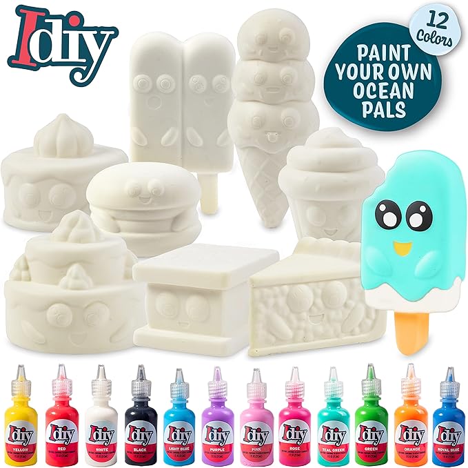 DIY Party Craft Kit Jumbo Dessert Friends Squishies (9 Cute Shapes w 12 Fabric Paints) -White Kawaii Scented Slow Rise Squishy Toys, Scented Stress Relief Craft, Kids Birthday Activity Gift (4"-6")