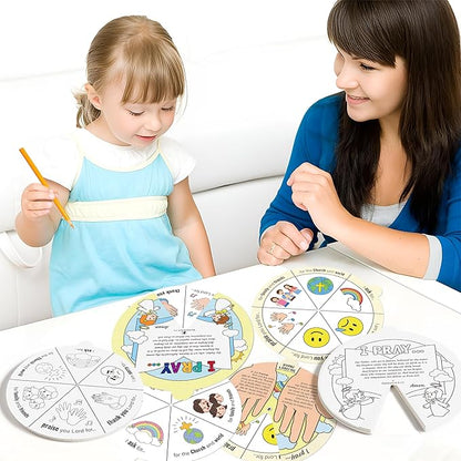 COcnny Bible Prayer Religious Craft - 24 Sets Christian Jesus Coloring Wheel Cards Creation Game Activities for Kids, The Lord’s Prayer Biblical Art Craft for Sunday School Classroom Ages 3-5 4-8 8-12
