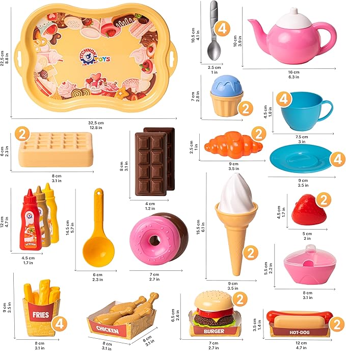 Pretend Play Kitchen Toys Cookware (79PCS) with Play Food Toy Set - Play Dishes Cookware Set - Play Food Set for Toddler Boys Girls 3+ Years - Hot Dog Ice Cream Burger