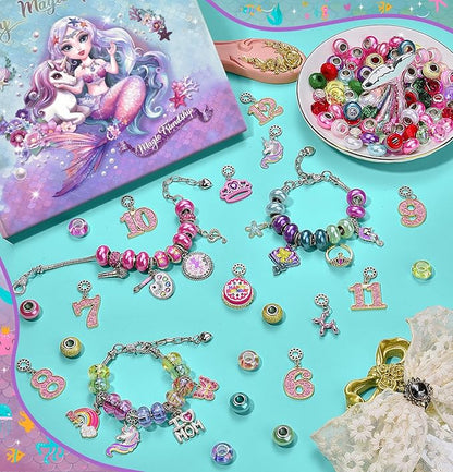 Girls Charm Bracelet Making Kit: Mermaid Jewelry Supplies Make Set Charm Bracelets Kits DIY Art Craft Set Girl Toys Age 5 6 7 8 9 10 11 12 Year Old Girl Little Children Creative Birthday Gifts for Kid