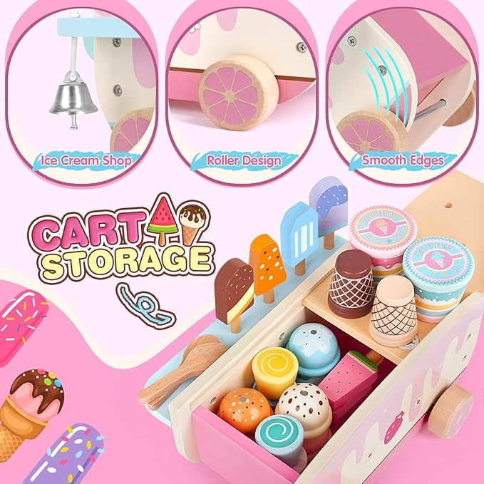 Dreamon Wooden Ice Cream Toys for Kids Toddlers, 48 PCS Ice Cream Cart Play Kitchen Accessories with Menu, Pretend Money, Wooden Ice Cream Shop Play Food Sets for 3 4 5 6 Year Old Girls Boys Gifts