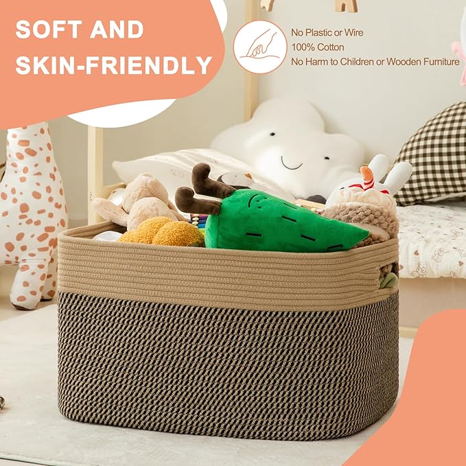 75L Large Cotton Rope Basket, Soft Toy Storage Bin for Nursery & Living Room, Decorative Blanket Basket for Bedroom, Baby-Safe Organizer for Pillows &Laundry, 22''×17''×12'', Brown & Black