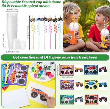 HyDren 211 Pcs Truck Party Favors Included Gift Cup Straw Keychain Slap Bracelet Mini Truck Sticker Stamper Card Tattoo Sticker Shovel Sticker Tag Cable Tie For Birthday Gift Prize