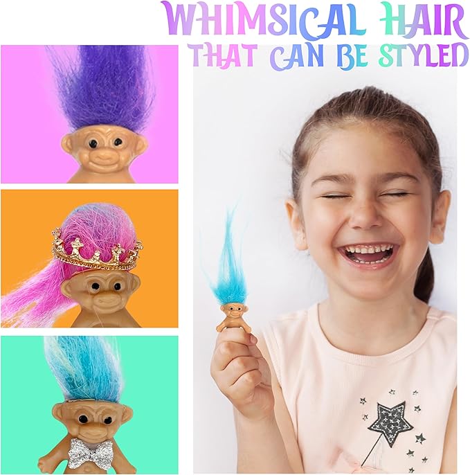 10 PCS Long-haired Lucky Mini Troll Dolls, Assorted Hair Colors, 0.78" Bodies, 2" Hair. Cake Toppers, Action Figures, School Project, Arts and Crafts, Party Favors