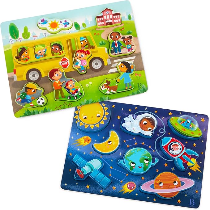 B. toys- Peek & Explore 2-Pack - Outer Space & School Bus- Chunky Puzzle Pack – Puzzles for Toddlers, Kids- 8 Pieces Each – 2 Years +
