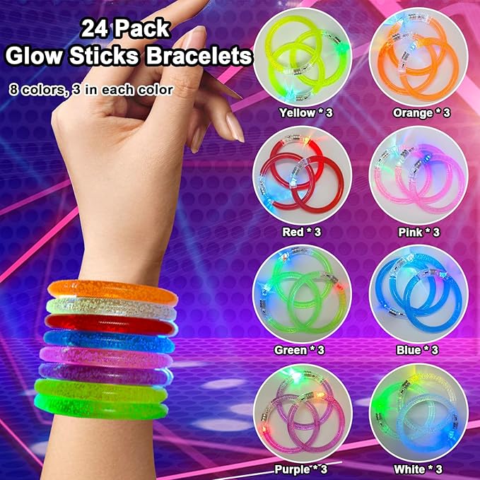24 Pack Glow In The Dark LED Bracelets,Light Up Bracelets Glow Sticks,Birthday Carnival Neon Party Supplies for Kids Adults,8 Color Glow Sticks Bracelets,Light up Toys Halloween Party Favors