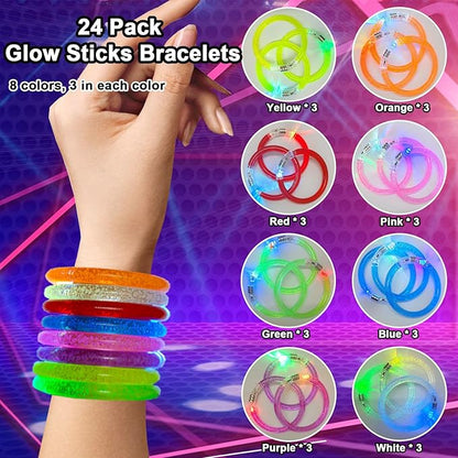 24 Pack Glow In The Dark LED Bracelets,Light Up Bracelets Glow Sticks,Birthday Carnival Neon Party Supplies for Kids Adults,8 Color Glow Sticks Bracelets,Light up Toys Halloween Party Favors