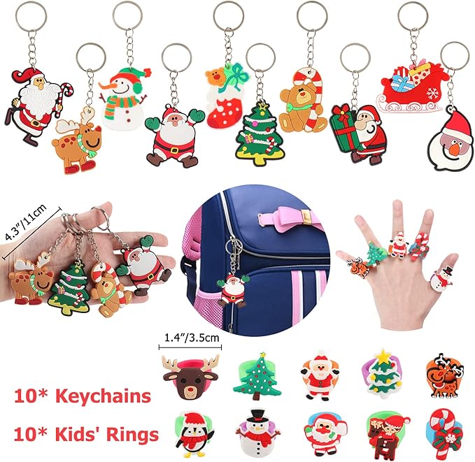 70 PCs Christmas Party Favors Kids Party Favor Bags Stamps Slap Bracelets Keychains Rings Bracelets Tattoos Xmas Classroom Gifts Prizes Stocking Stuffers Christmas Favors for Kids