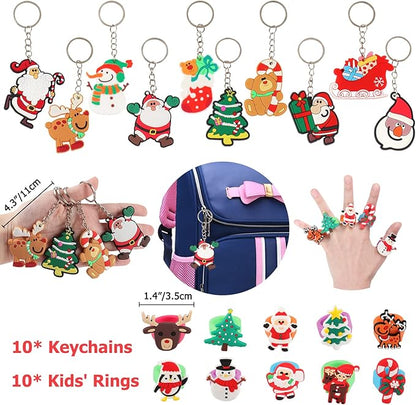 70 PCs Christmas Party Favors Kids Party Favor Bags Stamps Slap Bracelets Keychains Rings Bracelets Tattoos Xmas Classroom Gifts Prizes Stocking Stuffers Christmas Favors for Kids