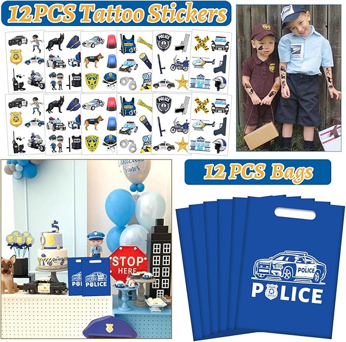 Police Party Favors Kit, Police Party Decorations, 72Pcs Temporary Tattoos, 12Pcs Police Officer Slap Bracelets, 50PCS Police Stickers,12Pcs Mini Police Toy Cars, 12Pcs button badge, 12Pcs Gift Bags