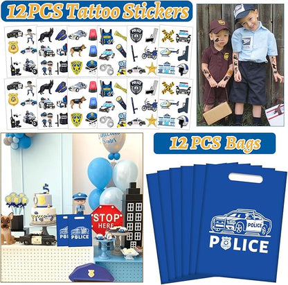 Police Party Favors Kit, Police Party Decorations, 72Pcs Temporary Tattoos, 12Pcs Police Officer Slap Bracelets, 50PCS Police Stickers,12Pcs Mini Police Toy Cars, 12Pcs button badge, 12Pcs Gift Bags