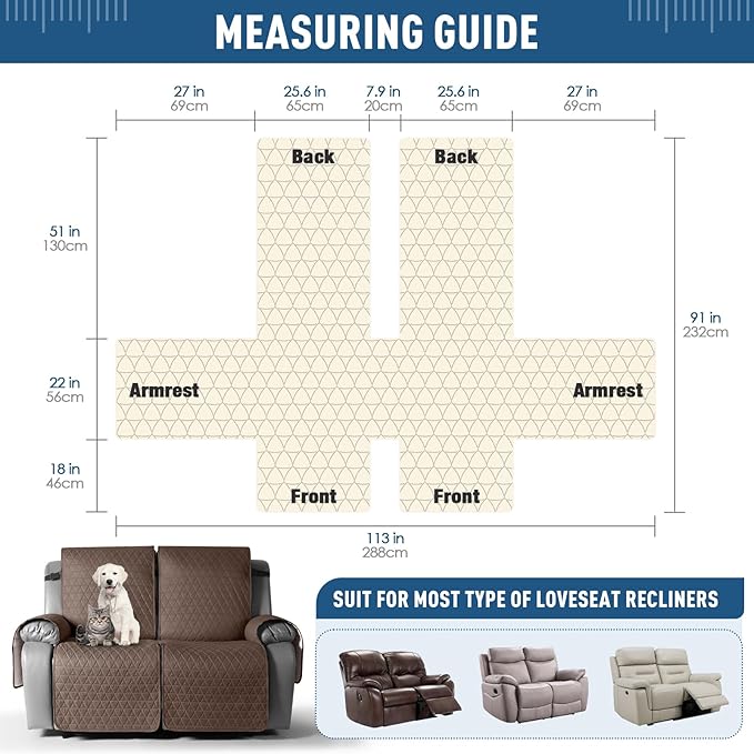 TAOCOCO 100% Waterproof Loveseat Recliner Cover-Recliner Cover with Non-Slip Granule, Recliner Chair Covers with Elastic Band,Washable Recliner Chair/Furniture Protector for Pets(Brown, 2 Seater)