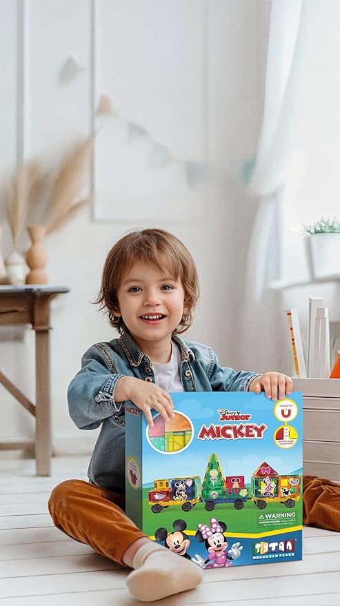 Official Disney Junior Mickey Train Magnetic Tile Set – 41-Piece STEM Building Kit with Wheeled Base Cars, Reusable Stickers & Learning Workbook – Educational Toy for Kids Ages 3+