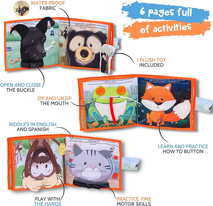 Bilingual Quiet Book for Toddlers | Written in English and Spanish | Activity Book for Toddlers 1 Plush Toy Included | Carry on Travel Play and Learn Sensory Toy | Libros en Español para Niños.