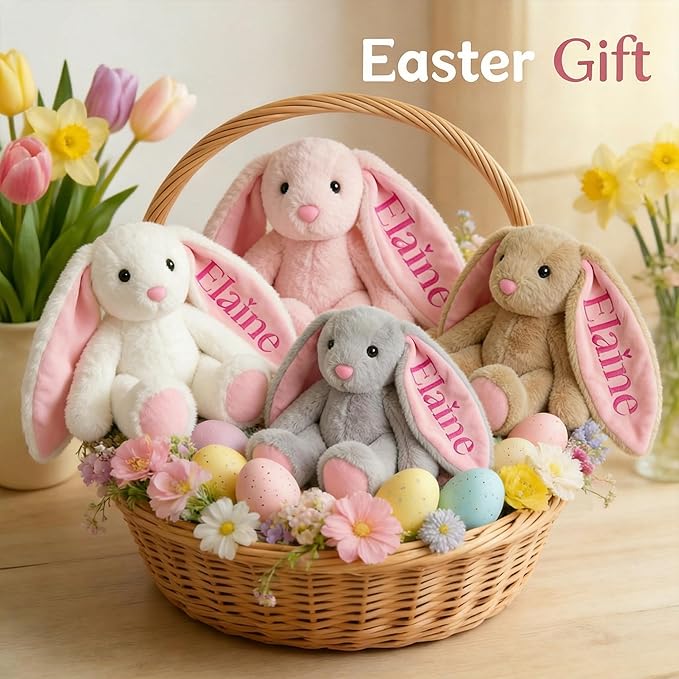Personalized Bunny Stuffed Animal with Custom Name Embroidered, Soft Plush Rabbit for Baby Girls & Boys, Emotional Support Toy for Toddlers 1-3, 1st Birthday Gift, Grey, 10" 13" 16"
