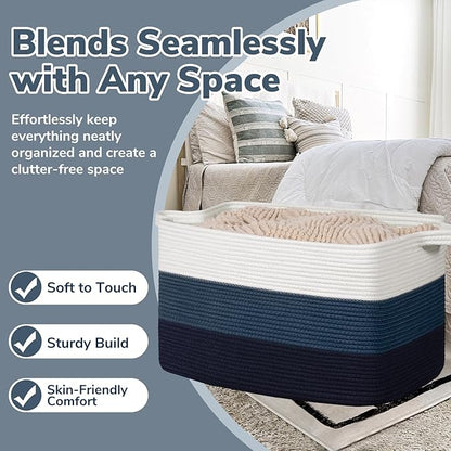 Goodpick 85L Large Blanket Basket 23.6" x 15.7" x 13.8" Cotton Rope Storage Baskets for Organizing, Rectangle Woven Baskets for Storage, Baby Toy Basket for Nursery Bedroom, Blue