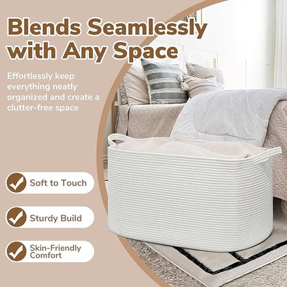 Goodpick Large Blanket Basket Living Room, Storage Baskets for Organizing, Woven Rope Laundry Basket for Toy Storage, 21.6" x 14.9" x 11.8", White