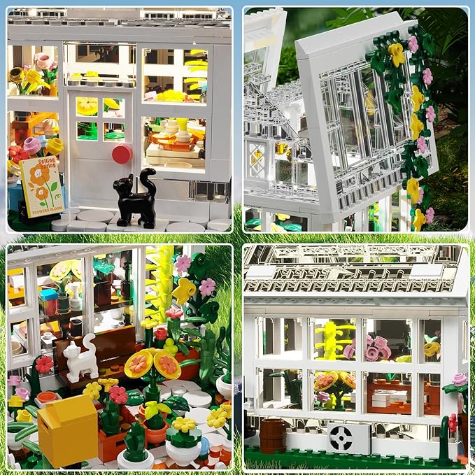 Flower House Building Mini Set with LED, City Street View Greenhouse Building Blocks Toy, Valentine Xmas Gift for Friends or Girls 8-12 Year