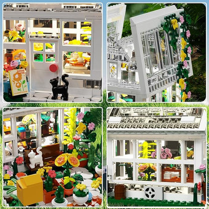 Flower House Building Mini Set with LED, City Street View Greenhouse Building Blocks Toy, Valentine Xmas Gift for Friends or Girls 8-12 Year