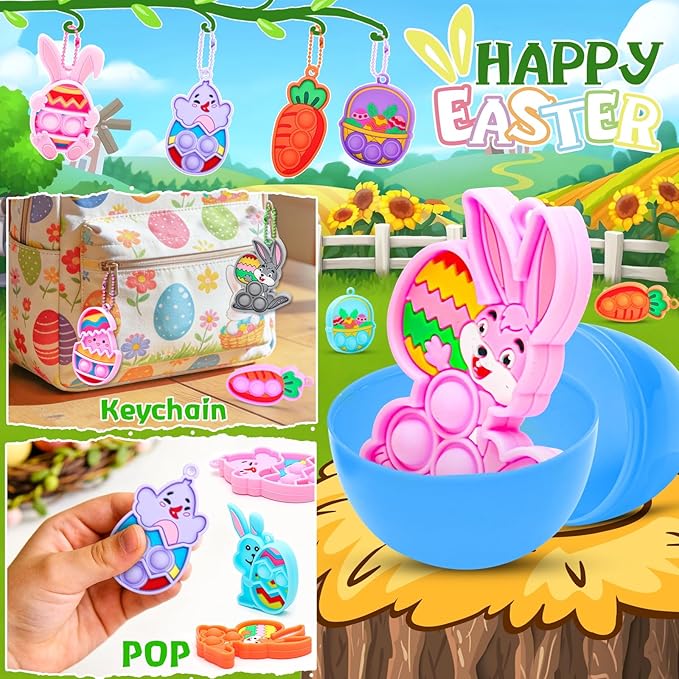 Easter Pop Fidget Toys for Kids, 24 Pack Filled Easter Eggs with Mini Fidget Pop keychain Toys,Idea for Easter Egg Hunt Toys, Basket Stuffers&Party Favors