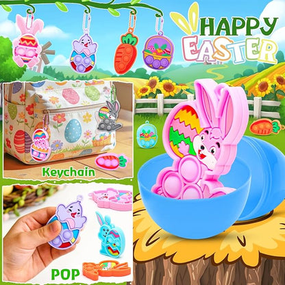 LUBUYILD 24PCS Easter Eggs with Pop Fidget Toys Keychains for Kids Girls Boys Easter Basket Stuffers, Egg Hunt Prizes and Party Favors