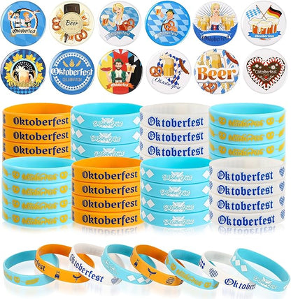 64PCS Oktoberfest Party Favors Set 32pcs Silicone Bracelets and 32pcs Button Badges Pins for Bavarian Beer Festival Oktoberfest Party Decorations Goodie Bag Fillers Supplies