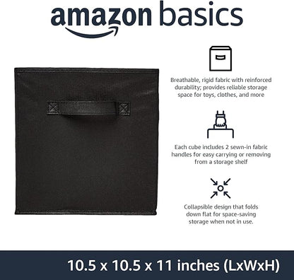 Amazon Basics Collapsible Fabric Storage Bins Organizer with Handles, Sturdy, Foldable, 10.5" x 10.5" x 11", Black, 6-Pack