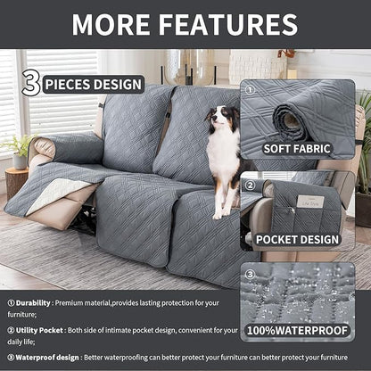 Easehomey Waterproof Recliner Sofa Cover,Non-Slip Reclining Sofa Covers for 3 Seat,Washable Reclining Sofa Cover Furniture Protector with Elastic Straps Pocket for Kids, Pets(Dark Gray,3Seat)