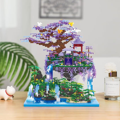 Chinese Moon Palace Pavilion Building Blocks Set - Micro Miniature Bonsai Tree House with String Lights and Flowers for Adults and Kids (4574 Pieces)