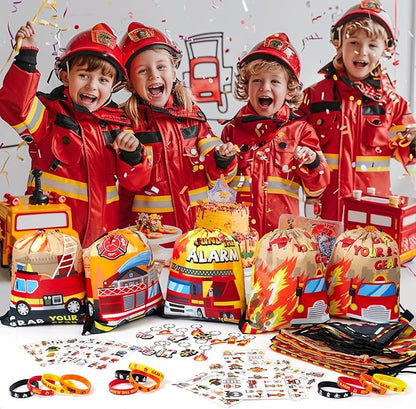 Fire Truck Party Favors Birthday Supplies, Firefighter Drawstring Bag Keychain Silicone Bracelet Tattoo Sticker, Firetruck Birthday Party Goodie Bag Stuffers Fillers Classroom Rewards for Kid