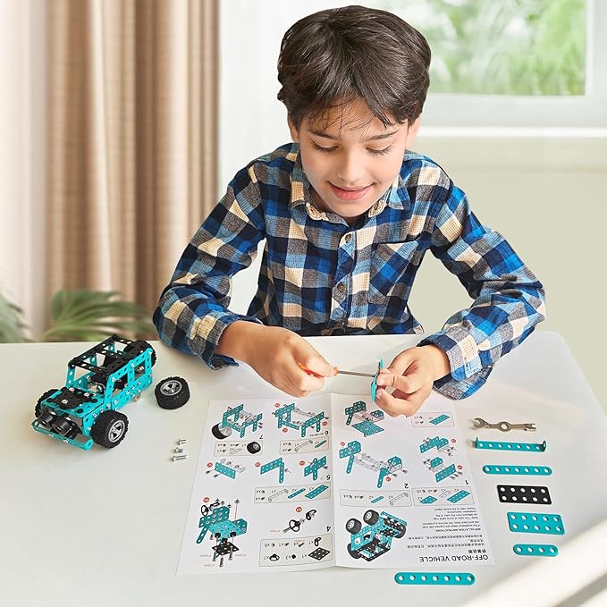 Building Sets Stem Assembly Metal 3-D Puzzle Off-Road Model Car Building Kit Construction Set Toys Parent-Child Interaction Construction Sets Gifts for Kids 8-16 Blue…