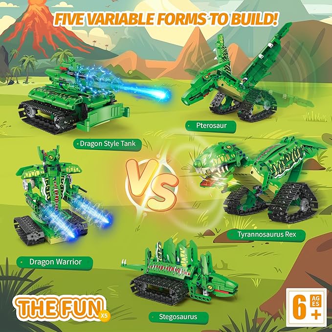 RC Robot Building Set - 5 in1 T. rex Toy with APP or Remote Control, DIY Engineering Robotics/Mech Dinosaur/Dragon Warrior/Pterosaur/Stegosaurus STEM Birthday Gifts for Kids 6-12 Years Old