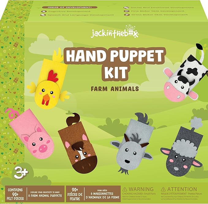 jackinthebox Hand Puppet Making Kit -6 Farm Animals Felt Puppet Craft Kit for Kids,Creative DIY Arts & Crafts Kit Make Your Own Puppets for Storytelling Role Play, Great Craft Gifts for Kids Ages 4-8