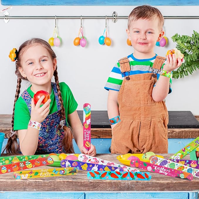 FOIMAS 48pcs Easter Slap Bracelets,Egg Bunny Chick Snap Bracelet Wristband for Easter Egg Filler Basket Stuffer Party Favor Supply