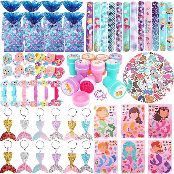 132Pcs Mermaid Party Favors, Mermaid Party Supplies for Girls Include Keychains, Slap Bracelets, Rings, Clips, Stampers, DIY Sticker, Stickers, mermaid goodie bags, Perfect for mermaid give away gift