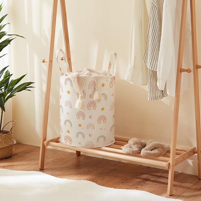 TECHMILLY Large Storage Basket for Girls and Boys, Collapsible Laundry Hamper with Long Handles, Toy Bins for Nursery, Kids Room Décor (Rainbow)