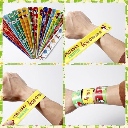 48pcs Christmas Slap Bracelets, Santa Claus Snowman Christmas Tree Reindeer Slap Wristband Christmas Stocking Stuffers for Boys Girls Xmas Birthday Party Favors Toys Goodie Bag Fillers