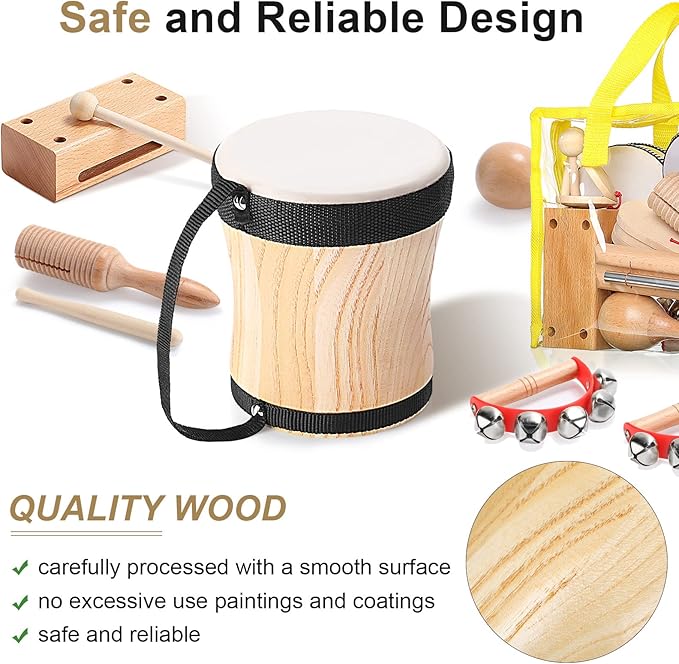 Chumia Toddler Musical Instruments Set 13 Pcs Montessori Wooden Percussion Instruments with Drum Preschool Educational Baby Early Learning Music Toys Set for Little Boys Girls Kids Children Gifts