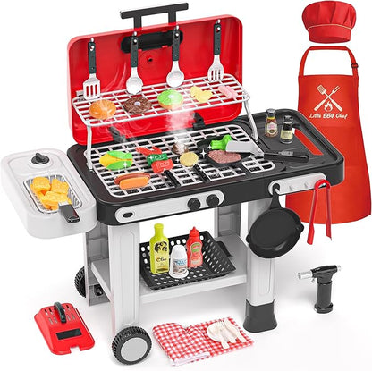 86PCS Kids Play Kitchen Toys: Kids Grill Playset with Smoke, Sound, Light, UV&Water Color-Changing Play Food, Pretend Kids Kitchen Playset, Interactive BBQ Outdoor Toys, Birthday Gift for Toddler