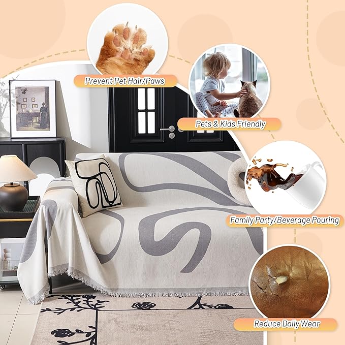 MYSKY HOME Couch Cover for 3 Cushion Couch Sofa Cover, Super Soft Boho Couch Covers for Dogs Washable, Jacquard Sofa Slipcover Furniture Protector for Living Room, 91" x 134", Grey Curve