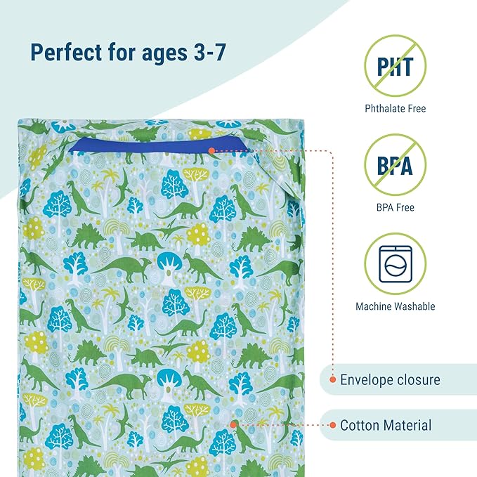 Wildkin Kids Nap Mat Cover for Boys & Girls, Sewn-in Flap Design Rest Mat Cover, Perfect for Preschool & Daycare, Fits our Vinyl Nap Mat up to 1.5 Inches Including Basic Sleep Mat (Dinomite Dinosaurs)