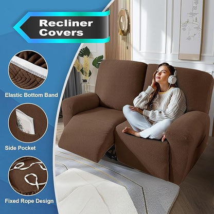 JIVINER 4 Pieces Recliner Loveseat Covers Stretch Recliner Sofa Slipcover with Elastic Bottom Jacquard Fitted Reclining Couch Cover Furniture Protector with Pockets (2 Seater, Brown)