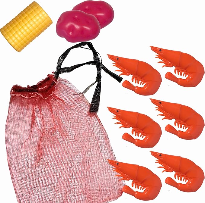 Lil' Bit Boiling Co. Kids Louisiana Shrimp & Fixins Toy Food Kitchen Set for Children - Toy Shrimp Set with Potatoes, Corn, and Mesh Bag