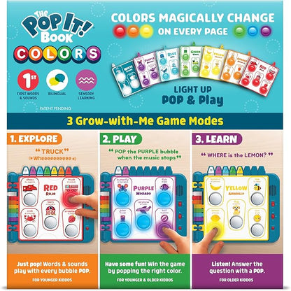 Chuckle & Roar Pop It! Book: Colors – Interactive Sensory Learning Book with Bilingual English & Spanish Play, Grow-with-Me Modes, Quiet Mode, Color Learning Toy for Toddlers Ages 1–4+