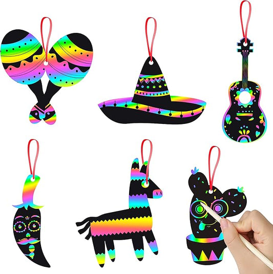 WATINC 60pcs Mexican Fiesta Scratch Cards Art Set for Kids Adults, Cinco De Mayo Party Decorations Favor, DIY Magic Colorful Art Craft Kit, Scratch Paper Ornaments for Birthday Party