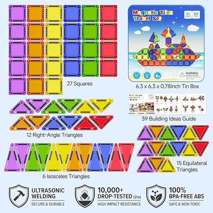WMXDU 60 PCS Magnetic Tiles Travel Set for Kids, Portable Magnetic Building Blocks with Tin Box, Car Rides Airplane Road Trip Activities, Birthday Gift for Boys