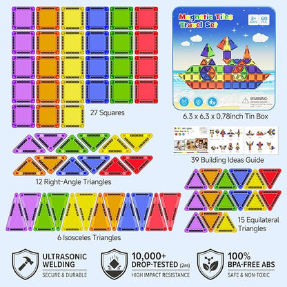 WMXDU 60 PCS Magnetic Tiles Travel Set for Kids, Portable Magnetic Building Blocks with Tin Box, Car Rides Airplane Road Trip Activities, Birthday Gift for Boys