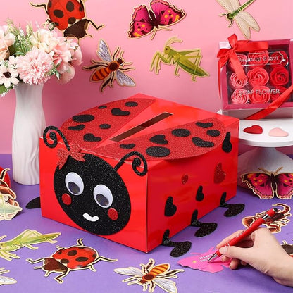 Pasimy DIY Valentines Card Boxes with 30 Insect Greeting Cards DIY Valentine Ladybug Mailbox Craft Kits Valentine's Day Love Bug Party Favor Sets for Kids School Classroom Gifts Exchange